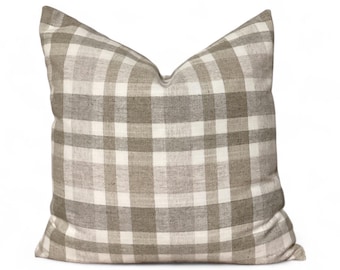 Neutral Plaid Pillow Cover, Beige Taupe Check Cushion, Farmhouse Throw Pillow, Rustic Decor