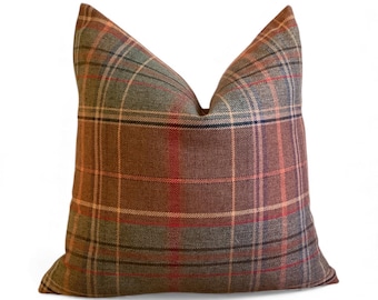 Rustic Plaid Pillow Cover – Green, Brown & Red Tartan Cushion | Cozy Cabin Decor