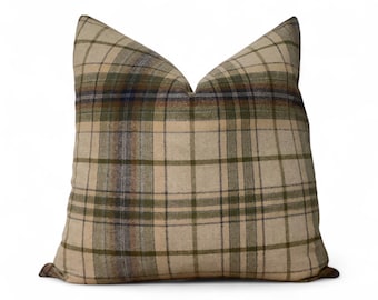 Rustic Plaid Throw Pillow Cover: Green & Beige Tartan, Farmhouse Cabin Decor