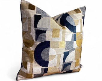 Geometric Pillow Cover: Modern Abstract Navy Blue Gold Beige Cushion
