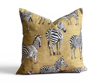 Safari Zebra Throw Pillow Cover – Mustard Yellow & Black Animal Print Cushion – Modern Rustic Decor
