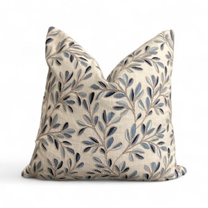Blaues Gesticktes Blatt Kissenbezug: Leinen Botanisches Kissen