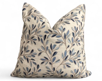 Blue Embroidered Leaf Pillow Cover: Linen Botanical Cushion