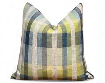 Blue Green Plaid Pillow Cover – Handmade Coastal Linen Cushion