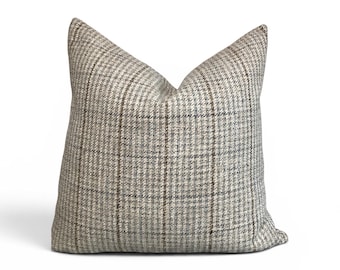 Neutral Gray Blue Plaid Pillow Cover | Upholstery Woven Fabric Accent Cushion