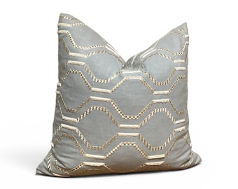 Embroidered Geometric Pillow Cover, Blue Gray Gold Trellis Cushion, Modern Luxury Decor