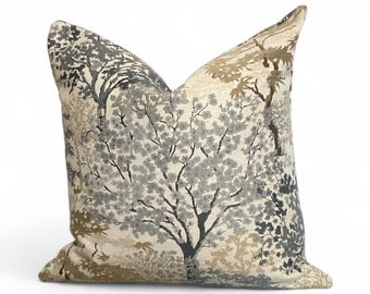 Botanical Tree Print Pillow Cover – Textured Beige and Gray Cushion, Elegant Woodland Decor