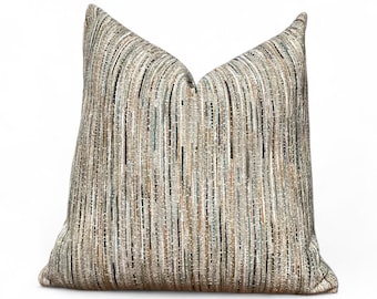 Neutral Striped Throw Pillow Cover: Modern Beige Tan Blue Cushion