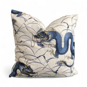 Blue Dragon Chinoiserie Style Cushion, Elegant Oriental Home Decor, Luxury Dragon Print Fabric