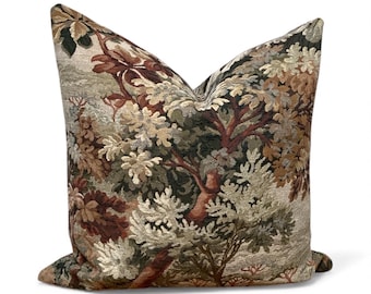 Woodland Tapestry Pillow Cover – Vintage Forest Scene Cushion – Rustic Jacquard Decorative Throw Pillow