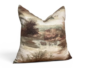 Vintage Landscape Pillow Cover, Pastoral Scenic Cushion, Neutral Nature Throw Pillow, Rustic Farmhouse Decor