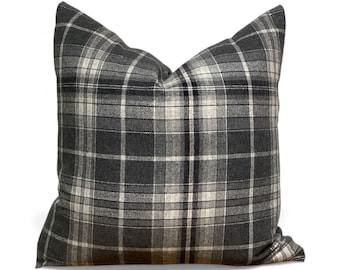 Charcoal Gray Plaid Pillow Cover – Wool-Look Tartan Cushion, Handmade USA