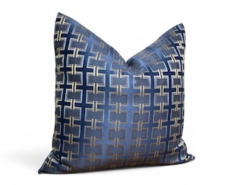 Navy Blue Geometric Pillow Cover, Gold Greek Key Accent Cushion