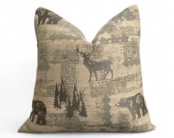 Rustic Bear and Deer Pillow Cover: Woodland Lodge Cabin Decor