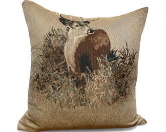 Deer Tapestry Pillow Cover – Rustic Lodge Cushion with Buck in Meadow, Woodland Cabin Throw Pillow