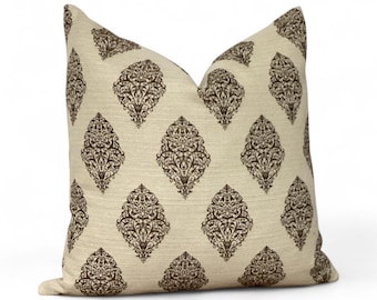 Beige and Brown Damask Pillow Cover – Elegant Decorative Cushion, Vintage Boho Farmhouse Throw Pillow