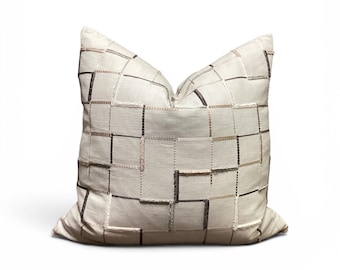 Embroidered Geometric Pillow | Neutral Textured Accent Cushion (Pillow Only)
