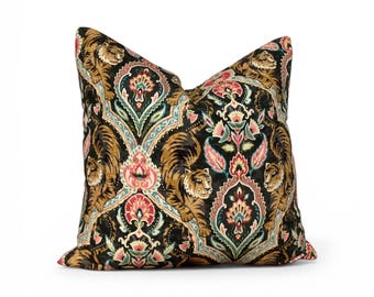 Tiger Print Pillow Cover, Exotic Animal Floral Cushion, Black Multicolor Decorative Throw Pillow