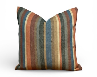 Rust and Blue Stripe Pillow Cover, Earth Tone Coastal Cushion, Southwestern Farmhouse Throw Pillow
