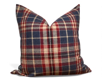 Red and Navy Plaid Pillow Cover – Rustic Christmas Cushion, Farmhouse Cabin Décor Accent