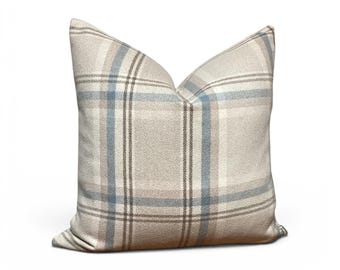Blue Beige Plaid Pillow Cover, Neutral Tartan Cushion, Farmhouse Throw Pillow
