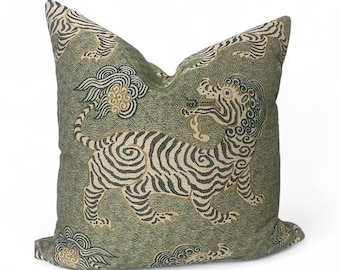 Green Chinoiserie Tiger Pillow Cover: Asian Inspired Home Decor