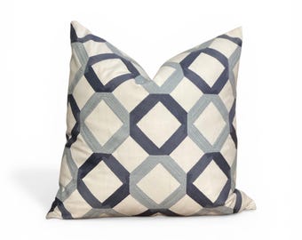 Blue Geometric Pillow Cover, Modern Hexagon Throw Pillow, Cream Accent Cushion