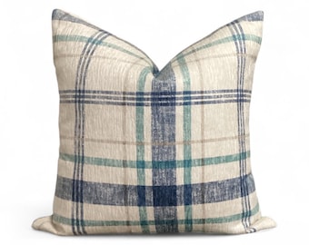Blue and Beige Plaid Pillow Cover – Rustic Farmhouse Cushion, Coastal Cottage Decorative Throw Pillow