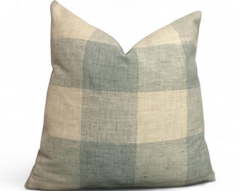 Light Blue Buffalo Check Pillow Cover – Designer Linen Blend, Transitional Decor Accent