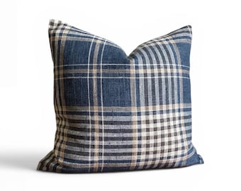 Navy Blue Plaid Pillow Cover, Textured Tartan Farmhouse Throw Cushion