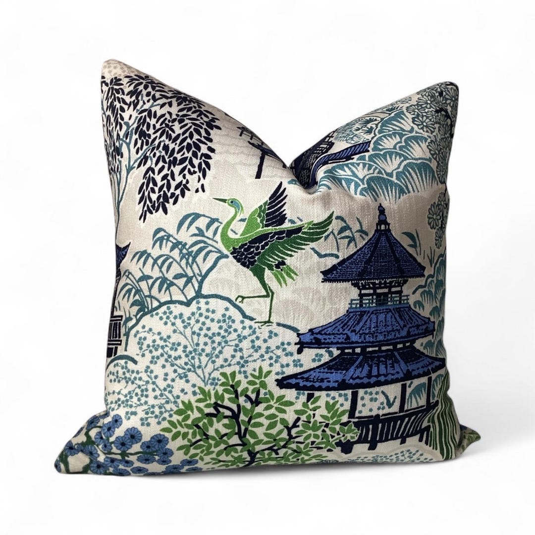 Chinoiserie Pillow Cover: Crane & Pagoda Asian Decor - Etsy