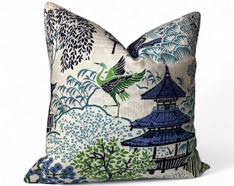 Chinoiserie Pillow Cover: Crane & Pagoda Asian Decor