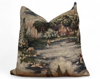 Deer and Cabin Tapestry Pillow Cover – Rustic Woodland Lake Scene, Cottage & Lodge Accent Pillow
