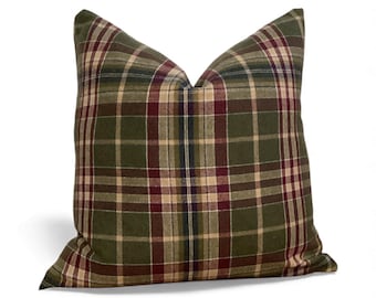 Green Tartan Plaid Pillow Cover – Rustic Christmas Cushion, Farmhouse Cabin Décor Accent
