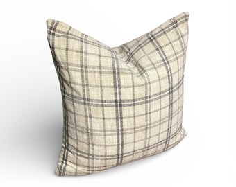 Beige Gray Plaid Cushion Cover, Classic Check Pillow, Rustic Farmhouse Decor Accent