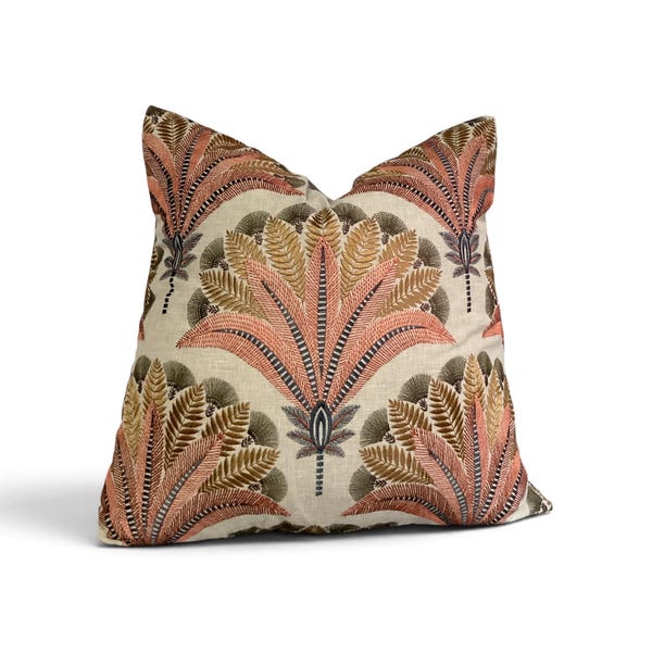 Embroidered Botanical Pillow Cover, Blush Blue Floral Fan Cushion, Designer Decor