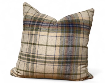 Rustic Plaid Throw Pillow Cover: Green & Beige Tartan, Farmhouse Cabin Decor