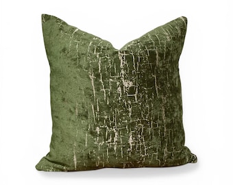 Olive Green Textured Velvet Pillow Cover, Abstract Luxury Accent Cushion
