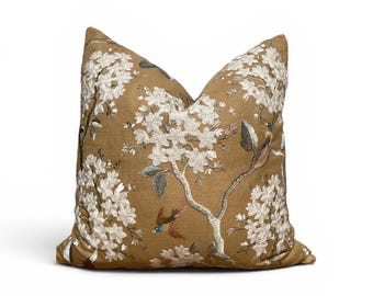 Mustard Floral Bird Pillow Cover, Embroidered Botanical Cushion, Vintage Chinoiserie Style Accent Pillow