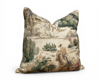 Western Desert Toile Pillow Cover, Cowboy Cactus Cushion, Neutral Rustic Landscape Pillow