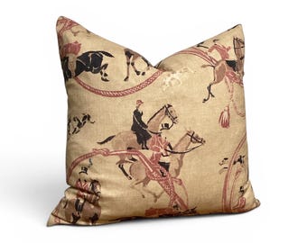 Vintage Equestrian Pillow Cover, Horse Rider Print Cushion, Tan Linen Style Throw Pillow