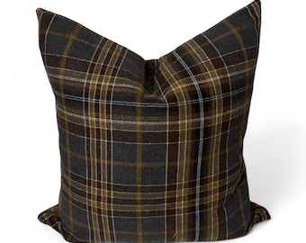 Rustic Plaid Throw Pillow Cover: Brown, Mustard & Gray Tartan