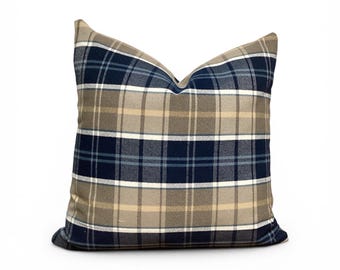 Navy Blue Tan Plaid Pillow Cover, Classic Tartan Cushion, Rustic Farmhouse Accent