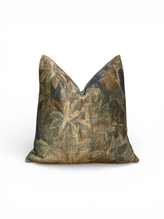 Vintage Botanical Pillow Cover, Earth Tone Floral Cushion, Rustic Green Brown Blue Throw Pillow, Traditional Decor