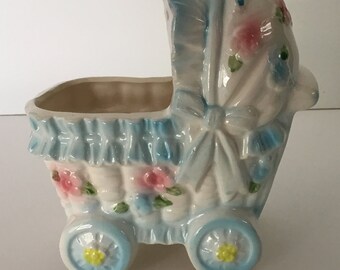 Vintage blue baby stroller planter nursery decor or organizer