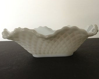 Vintage milk glass square dish fluted edge diamond pattern