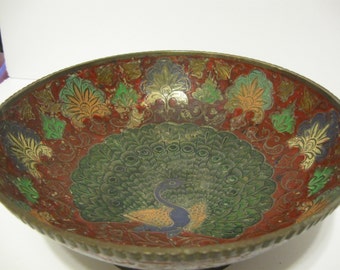 Vintage Peacock bowl brass enamel cloissoine hand crafted vibrant