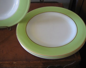 Pyrex chartreuse lime green rim gold trim luncheon plates set of 3 bright green