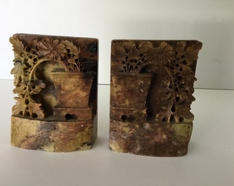 Carved bookends Asian design alabaster soapstone carvings