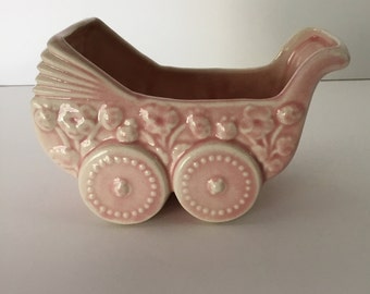 Vintage pink baby stroller pottery planter or nursery organizer